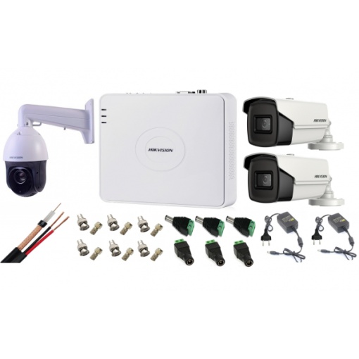 Kit supraveghere Hikvision 3 camere 1 Speed Dome TurboHD 2MP IR 100m zoom 25X 2 camere 5MP ir 40m DVR 4 canale full accesorii