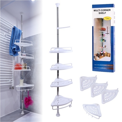 Organizator baie, raft de baie de tip &quot;coltar&quot; cu brat telescopic, cu 4 etajere si suport pentru prosop - Img 1