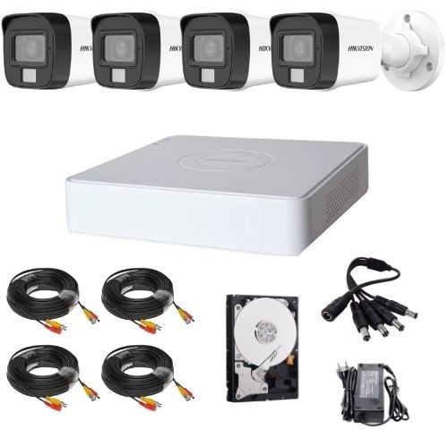 Sistem de supraveghere analog Hikvision 4 camere 5MP Dual Light IR 30m Lumina Alba 20m Audio, DVR 4 canale 5MP, HDD si accesorii