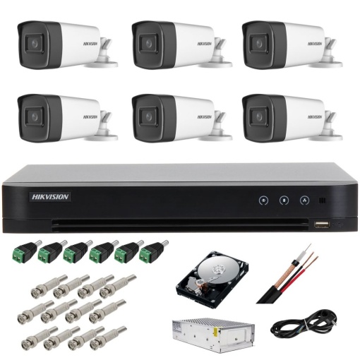 Sistem complet supraveghere 5 MP Hiwatch by Hikvision Turbo HD cu 6 camere Bullet IR 40 m, sursa alimentare, HDD 1TB, full accesorii