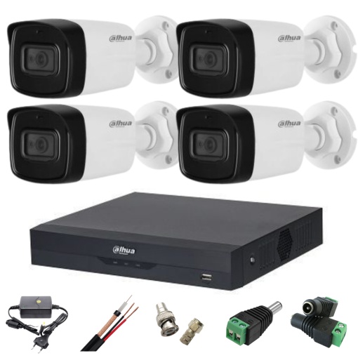 Sistem supraveghere video complet Dahua 4 camere 8MP 4K infrarosu 80m microfon, DVR 4 canale 4k audio si accesorii