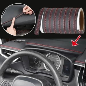 Banda decorativa pentru interiorul vehiculului, lungime 2m, din piele ecologica, culoare Neagra + cusatura Rosie - Img 1