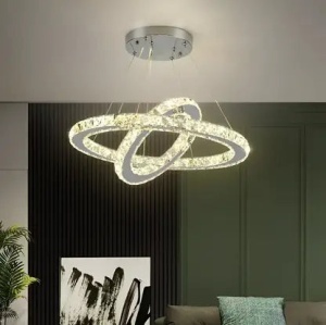 Lustra LED cu telecomanda si cristal PRISM LUMINIS 58W, 2 Cercuri, lumina Rece/Calda/Neutra, Dimabila, Argintiu, Inaltime Reglabila - Img 1