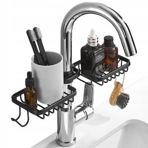 Raft organizator dublu, universal pentru bucatarie sau baie, montaj pe robinet, material otel, culoare Neagra - Img 2
