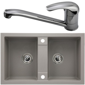 Set chiuveta bucatarie CasaBlanca Duo granit cu 2 cuve cu baterie BRI4, gri - Img 1