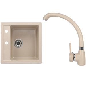Set chiuveta bucatarie CasaBlanca Quadro granit cu 1 cuva cu baterie SAND4A, bej - Img 1
