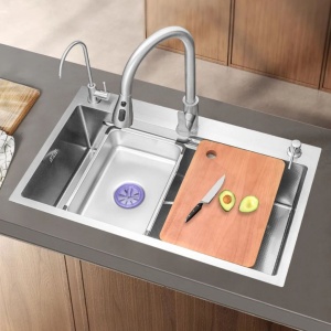 Set Chiuveta Bucatarie Inox cu Baterie Dubla, Cuva Universala cu Dop Scurgere, Spalator Pahare, Negru Grafit, 75x45X21cm - Img 2