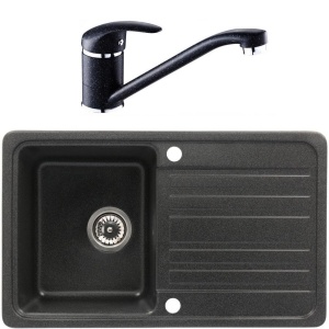 Set chiuveta granit 1 cuva CasaBlanca VERA NEGRU cu baterie bucatarie BLACK4 - Img 1