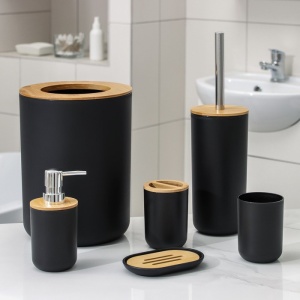 Set Elegant pentru baie format din 6 piese, ABS + lemn, culoare negru/maro - Img 1