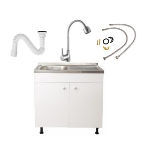 Set Masca Chiuveta Alba 80 cm X 50 cm X 80 cm, chiuveta inox cuva stanga, baterie lebada flexibila si sifon scurgere - Img 1