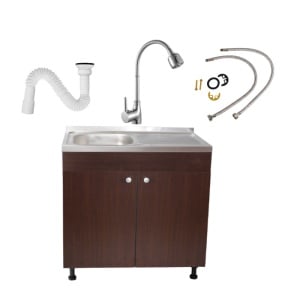 Set Masca Chiuveta Wenghe 80 cm X 50 cm X 80 cm, chiuveta inox cuva stanga, baterie lebada flexibila si sifon scurgere - Img 1