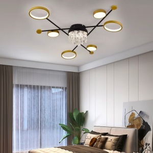 Lustra LED cu telecomanda si cristal GUIDA 38W, 6 Elemente, lumina Rece/Calda/Neutra, Dimabila, Negru Auriu - Img 1