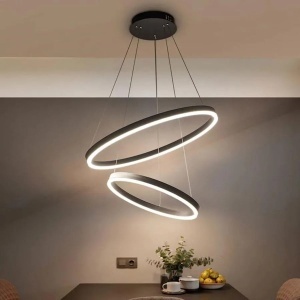 Lustra LED suspendata cu telecomanda CASIANA 100W, 2 Cercuri, lumina Rece/Calda/Neutra, Dimabila, Negru, Inaltime Reglabila - Img 1