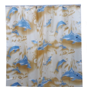 Perdea de dus, poliester,170x180 cm, bej cu delfini, cu 12 inele de prindere - Img 1