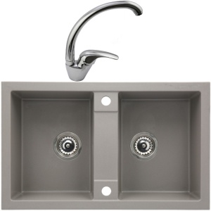 Set chiuveta bucatarie CasaBlanca Duo granit cu 2 cuve cu baterie BRI4A, gri - Img 1