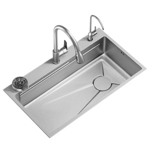 Set Chiuveta Bucatarie Inox cu Baterie Dubla, Cuva Universala cu Dop Scurgere, Spalator Pahare, Negru Grafit, 75x45X21cm - Img 3