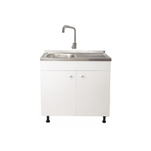 Set Masca Chiuveta Alba 80 cm X 50 cm X 80 cm, chiuveta inox cuva stanga, baterie inox patrat si sifon scurgere - Img 1