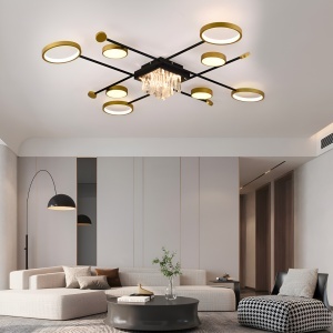 Lustra LED cu telecomanda si cristal GUIDA 46W, 8 Elemente, lumina Rece/Calda/Neutra, Dimabila, Negru Auriu - Img 1