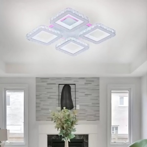 Lustra LED cu telecomanda si cristal LEILA RGB 79W, 4 Patrate, lumina Rece/Calda/Neutra, Dimabila, Alb Crom Lucios - Img 1