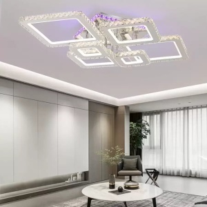Lustra LED cu telecomanda si cristal NOVA RHOMBA RGB 178W, 6 Patrate, lumina Rece/Calda/Neutra, Dimabila, Crom Lucios - Img 1
