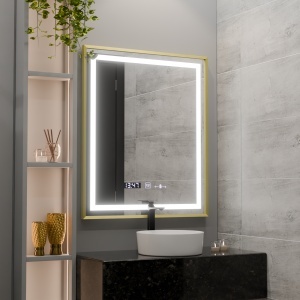 Oglinda LED Rectangulara, 75x90cm, Verite Royale Gold MotionGlow Marcello, Sistem Dezaburire, Ceas & Termometru, Dimabila - Img 1