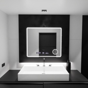 Oglinda LED Rectangulara, 90x75cm, Riflesso MotionGlow Marcello, Sistem Dezaburire, Ceas & Termometru, Lupa Cosmetica, Dimabila - Img 1