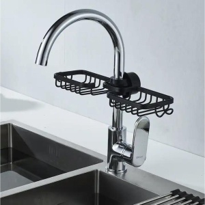 Raft organizator dublu, universal pentru bucatarie sau baie, montaj pe robinet, material otel, culoare Neagra - Img 4