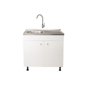 Set Masca Chiuveta Alba 80 cm X 50 cm X 80 cm, chiuveta inox cuva stanga, baterie inox rotunda si sifon scurgere - Img 1