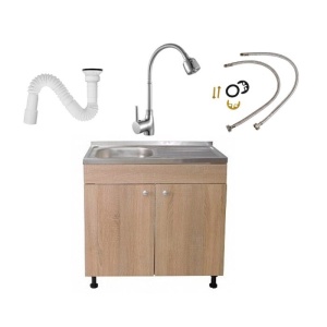 Set Masca Chiuveta Sonoma 80 cm X 50 cm X 80 cm, chiuveta inox cuva stanga, baterie lebada flexibila si sifon scurgere - Img 1