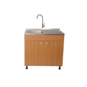 Set Masca Chiuveta Stejar 80 cm X 50 cm X 80 cm, chiuveta inox cuva stanga, baterie inox rotunda si sifon scurgere - Img 1