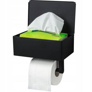 Suport metalic pentru hartie igienica cu cutie depozitare servetele, culoare Neagra - Img 1