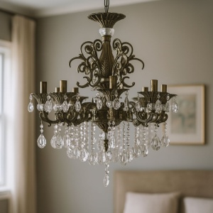 Candelabru Cristal SANSSOUCI Magno, 8xE14, Diametru 65cm, Alama Antichizata - Img 1
