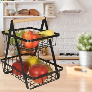 Cos de fructe cu doua etaje, pliabil, lemn + metal, culoare neagra - Img 1