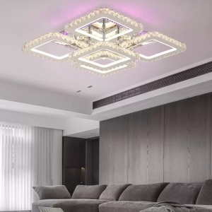 Lustra LED cu telecomanda cu cristal QUADRIA SUPREMO RGB, 148W, 5 Patrate, lumina Rece/Calda/Neutra, Dimabila, Crom Lucios - Img 1