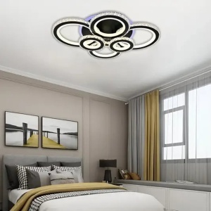 Lustra LED cu telecomanda si cristal NOVA ROTONDA RGB 154W, 6 Cercuri, lumina Rece/Calda/Neutra, Dimabila, Negru - Img 1