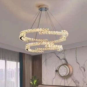 Lustra LED suspendata cu telecomanda si cristal MIA LATIFAH 70W, 2 Cercuri, lumina Rece/Calda/Neutra, Dimabila, Crom Lucios, Inaltime Reglabila - Img 1