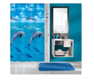 Perdea de dus albastra cu delfini Dophin din plastic ecologic, 180x180cm cu 12 inele de prindere - Img 2