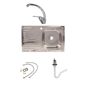 Set chiuveta bucatarie pentru masca cuva dreapta 80x50 cm baterie lebada si sifon de scurgere fara preaplin - Img 1