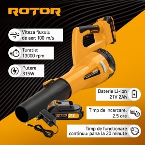 Suflantă aer pe acumulator ROTOR RS-2000 cu 1 acumulator 21V / 2Ah si incarcator ROTOR - Img 2