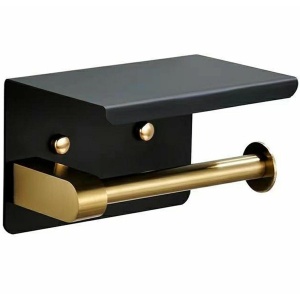 Suport pentru hartie igienica cu raft suplimentar, din otel, culoare neagra cu brat auriu - Img 2