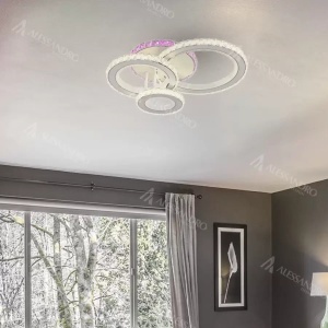 Lustra LED cu telecomanda si cristal LEOCADIA RGB 134W, 3 Cercuri, lumina Rece/Calda/Neutra, Dimabila, Alb - Img 1