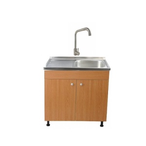 Set Masca Chiuveta Stejar 80 cm X 50 cm X 80 cm, Chiuveta inox cuva dreapta, Baterie inox patrat si Sifon scurgere - Img 1