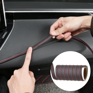 Banda decorativa pentru interiorul vehiculului, lungime 2m, din piele ecologica, culoare Neagra + cusatura Rosie - Img 2