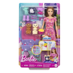 BARBIE PAPUSA BARBIE FAMILY SET PETRECERE CU 2 CATELUSI COLOR CHANGE - Img 1