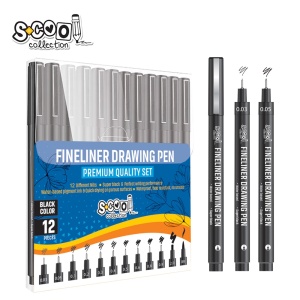 Fineliner, diferite dimensiuni 0.03-2 mm + varf tip pensula, 12 buc/set - S-COOL - Img 1