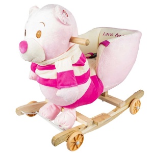 Balansoar pentru bebelusi, Ursulet, lemn + plus, cu rotile, roz, 55 cm - Img 1