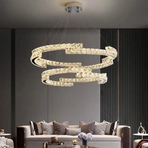Lustra LED suspendata cu telecomanda si cristal MIA LATIFAH 70W, 2 Cercuri, lumina Rece/Calda/Neutra, Dimabila, Crom Lucios, Inaltime Reglabila - Img 3