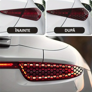 Set 2 folii autoadezive decupate pentru decorarea stopurilor auto, dimensiune 2 x 48 x 30cm, culoare Negru Mat, model HONEYCOMB - Img 2