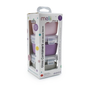 SET 3 RECIPIENTE STICLA 3 160ML CU HUSA ANTIDERAPANTA SILICON MELII ROZ MOV GRI - Img 1