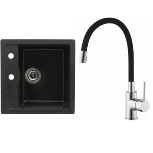 Set chiuveta bucatarie CasaBlanca Quadro granit cu 1 cuva cu baterie BFX4A-N, negru - Img 1